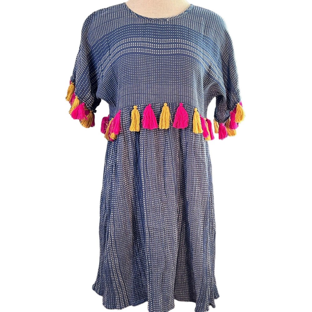 Ivy Jane Women Blue Tori Tassel Boho Mini Dress Sz Small Excellent Condition